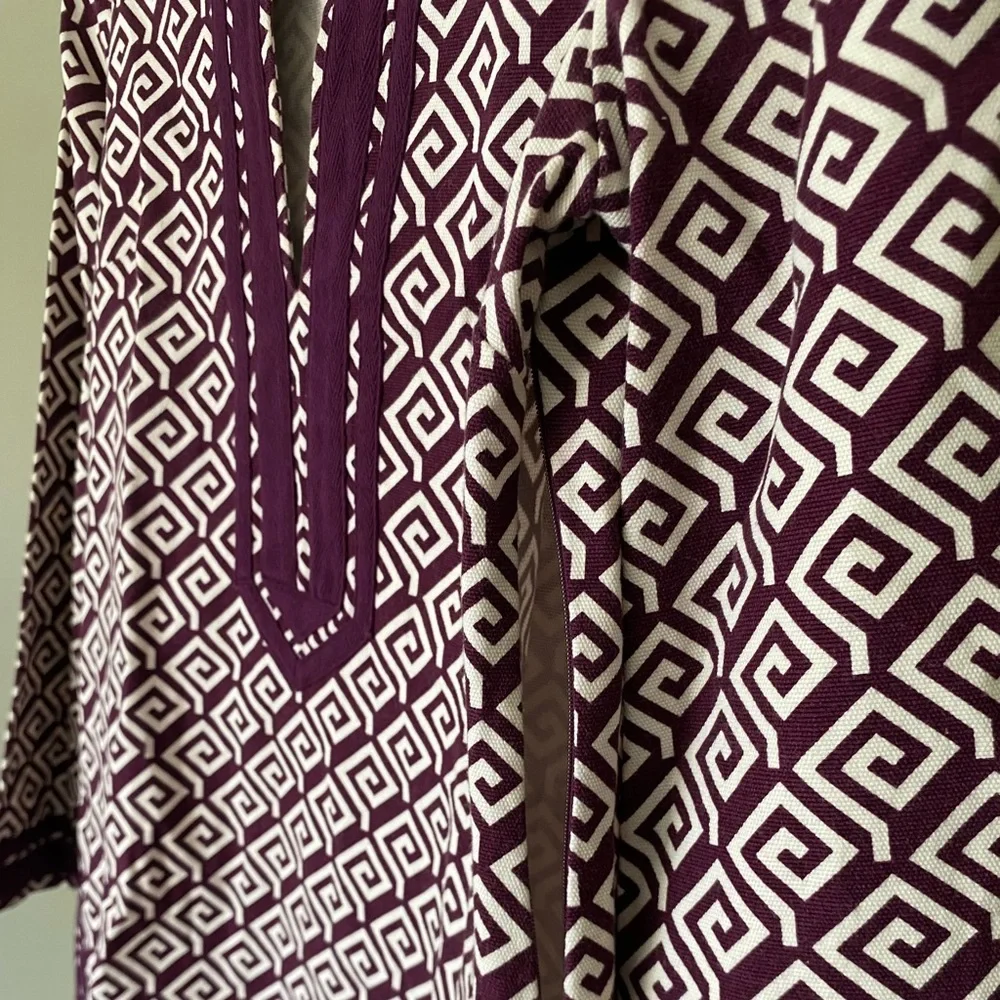 TORY BURCH Vintage Purple Wine & White Geo Print Long Sleeve Tunic Top Size 4